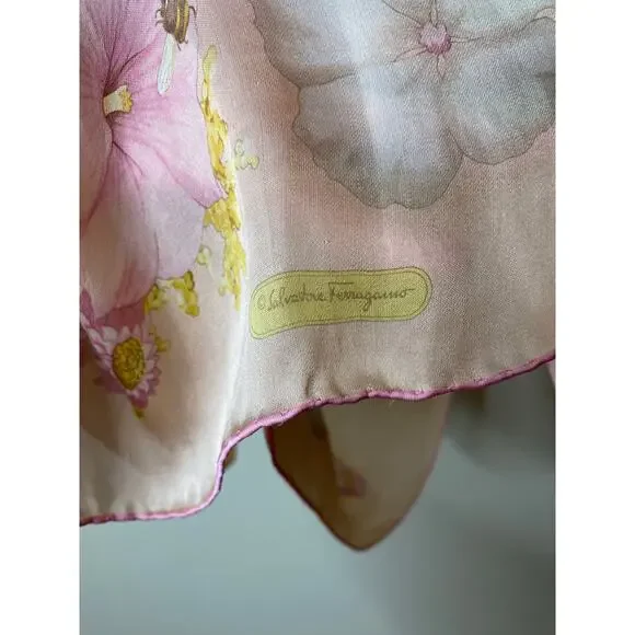 SALVATORE FERRAGAMO Vintage Silk Blush Pink Long Scarf Flowers Ladybug Bee Print - Picture 5 of 7